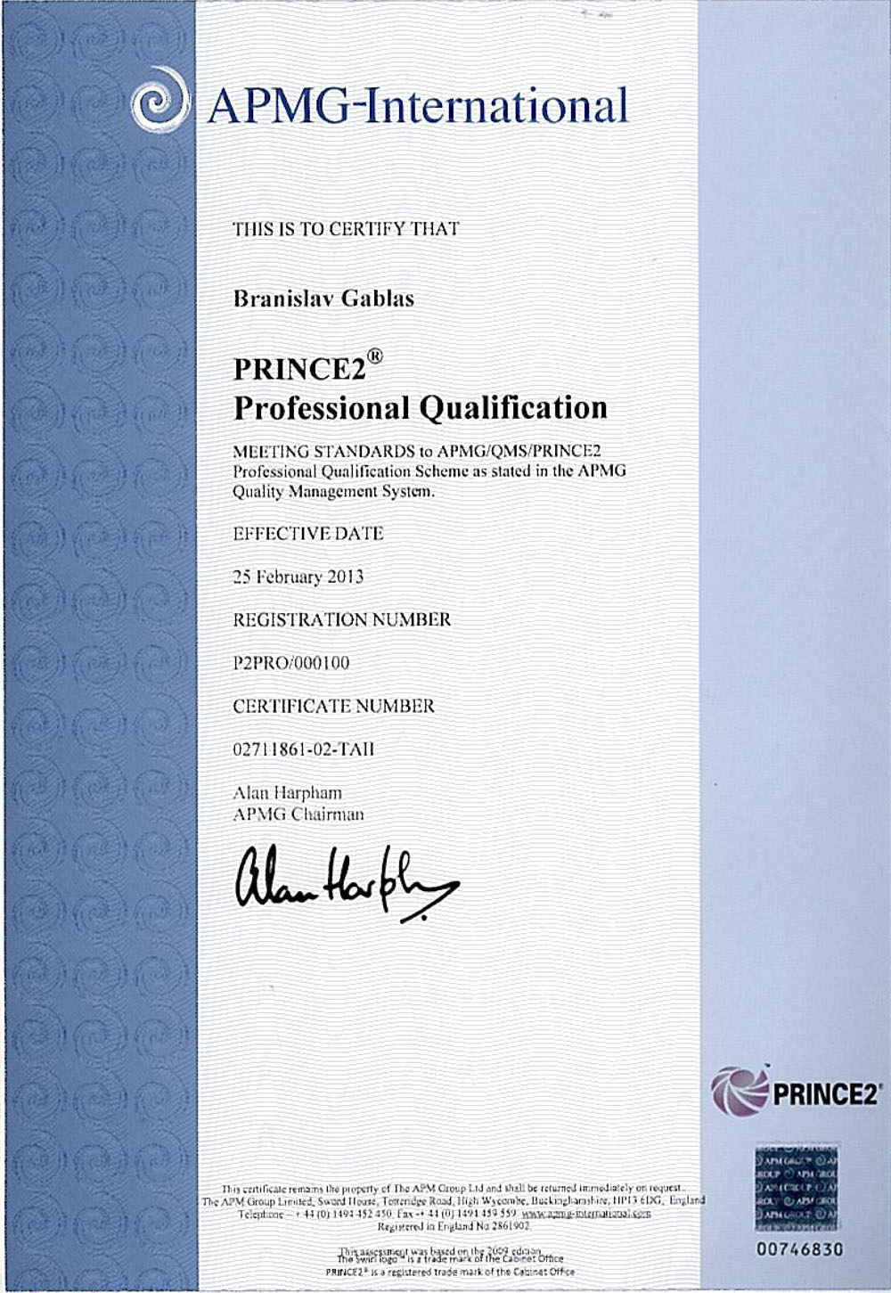 Certifikát PRINCE2 Professional Branislav Gablas